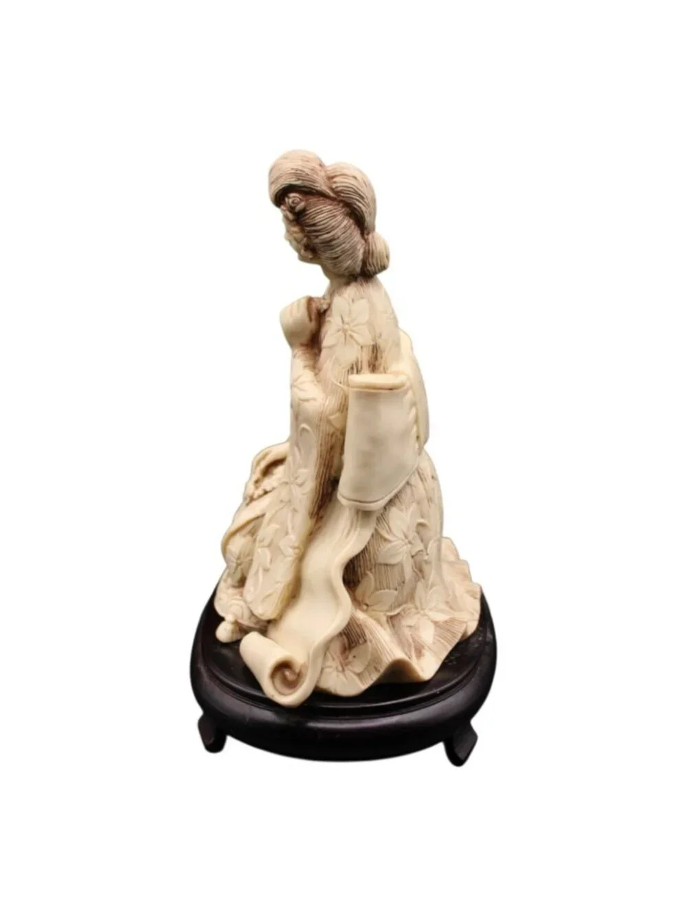 Vintage Ivory Tone Japanese Geisha Woman Resin Figurine Kimono Cherry Wood Base